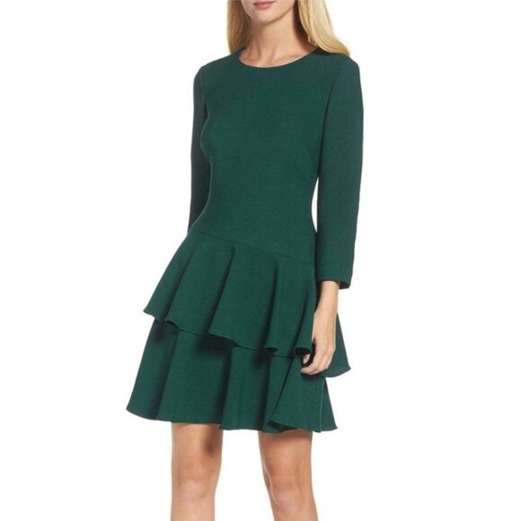 Eliza J Womens Petite Emerald Green Tiered Ruffle Knit Dress 3/4 Sleeve size 4P - Picture 1 of 12